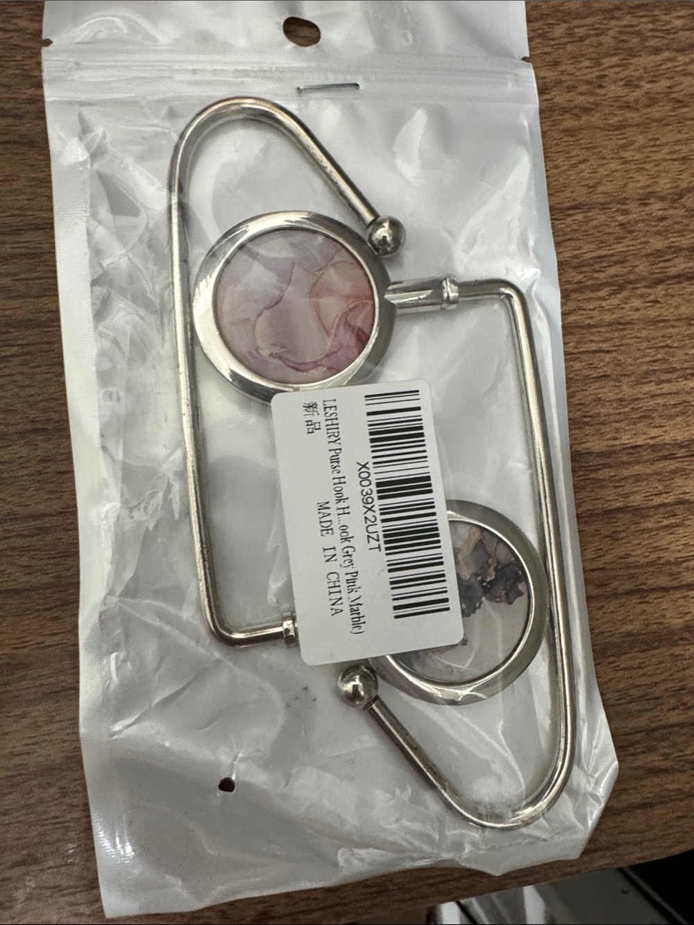 Silver Purse Hook with Pink and Beige Resin Inlays